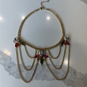 Gold Multi-strand Row Chain Jen Stone Crystal Statement Necklace